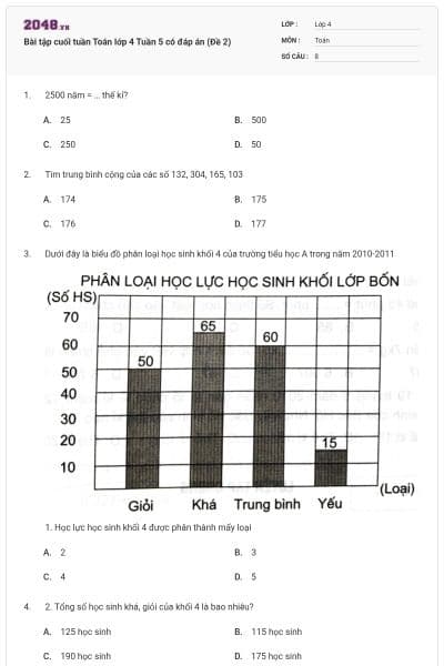 Bài tập cuối tuần Toán lớp 4 Tuần 5 có đáp án (Đề 2)