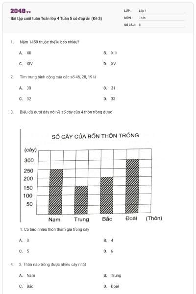 Bài tập cuối tuần Toán lớp 4 Tuần 5 có đáp án (Đề 3)