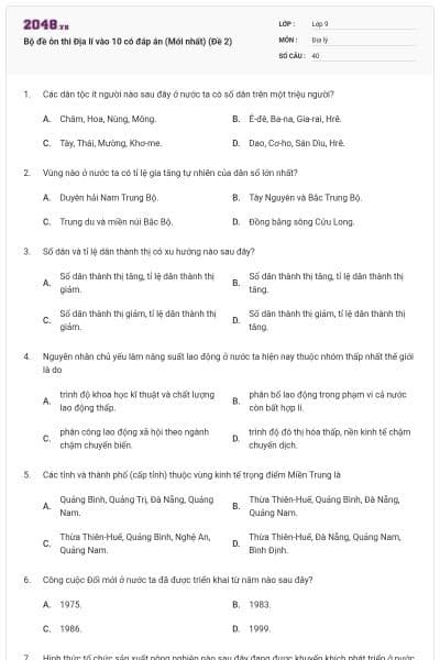 Bộ đề ôn thi Địa lí vào 10 có đáp án (Mới nhất) (Đề 2)