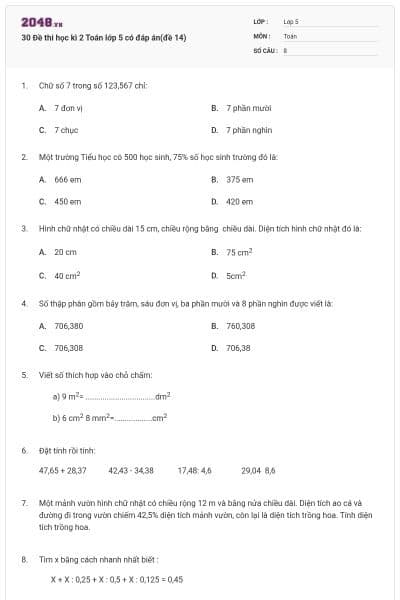 30 Đề thi học kì 2 Toán lớp 5 có đáp án(đề 14)