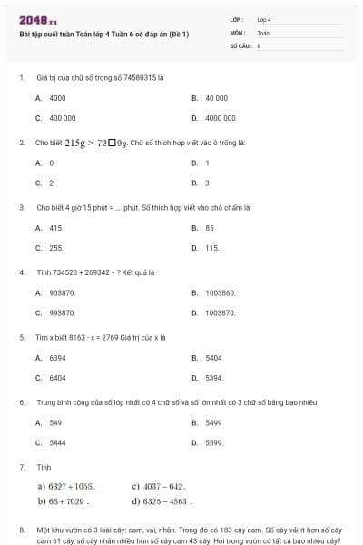 Bài tập cuối tuần Toán lớp 4 Tuần 6 có đáp án (Đề 1)