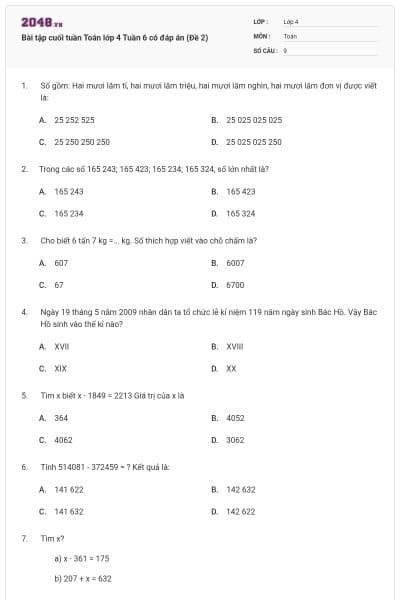 Bài tập cuối tuần Toán lớp 4 Tuần 6 có đáp án (Đề 2)