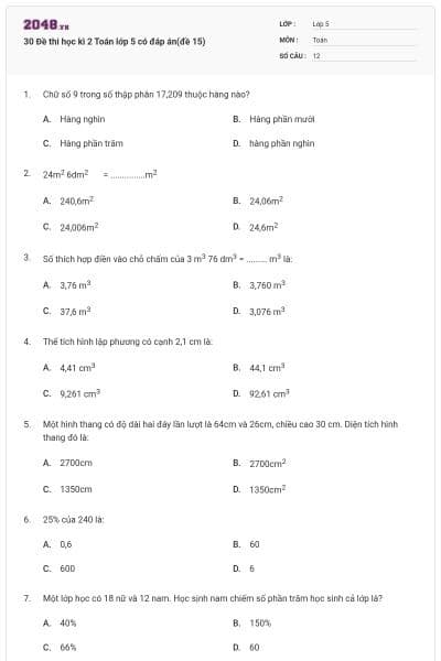 30 Đề thi học kì 2 Toán lớp 5 có đáp án(đề 15)
