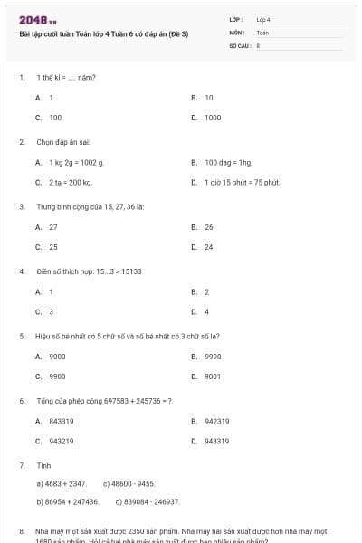 Bài tập cuối tuần Toán lớp 4 Tuần 6 có đáp án (Đề 3)