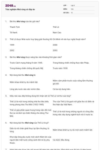 Trắc nghiệm Nhớ rừng có đáp án