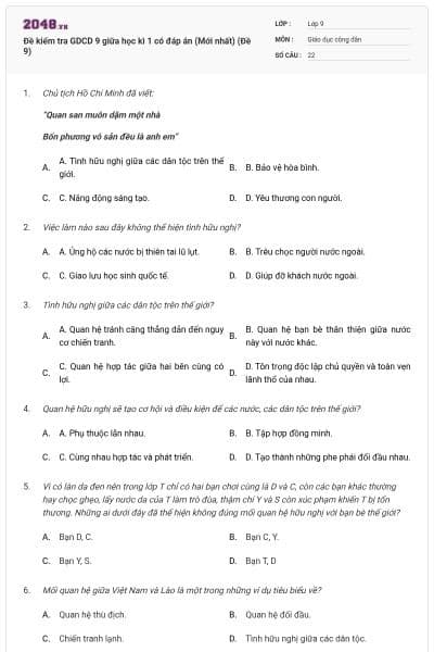 Đề kiểm tra GDCD 9 giữa học kì 1 có đáp án (Mới nhất) (Đề 9)