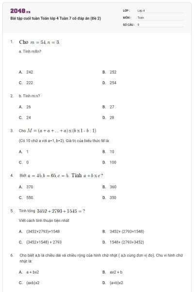 Bài tập cuối tuần Toán lớp 4 Tuần 7 có đáp án (Đề 2)