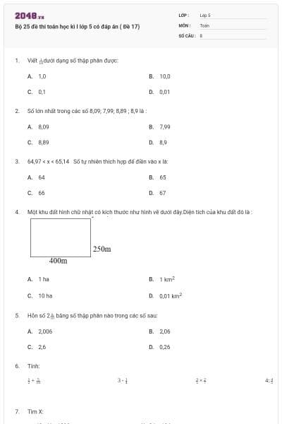 Bộ 25 đề thi toán học kì I lớp 5 có đáp án ( Đề 17)