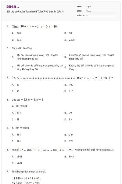 Bài tập cuối tuần Toán lớp 4 Tuần 7 có đáp án (Đề 3)
