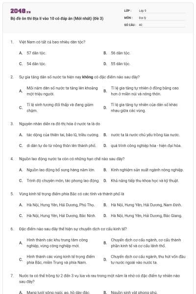 Bộ đề ôn thi Địa lí vào 10 có đáp án (Mới nhất) (Đề 3)
