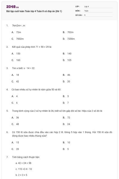Bài tập cuối tuần Toán lớp 4 Tuần 8 có đáp án (Đề 1)