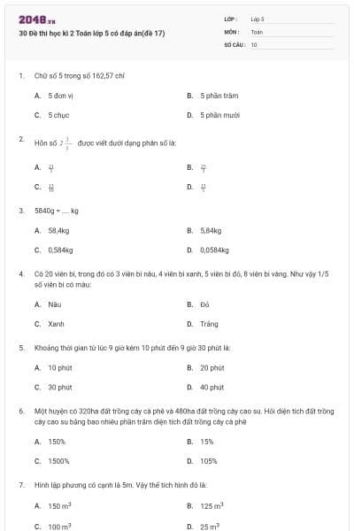 30 Đề thi học kì 2 Toán lớp 5 có đáp án(đề 17)