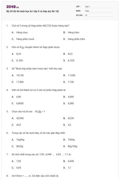 Bộ 25 đề thi toán học kì I lớp 5 có đáp án( Đề 18)