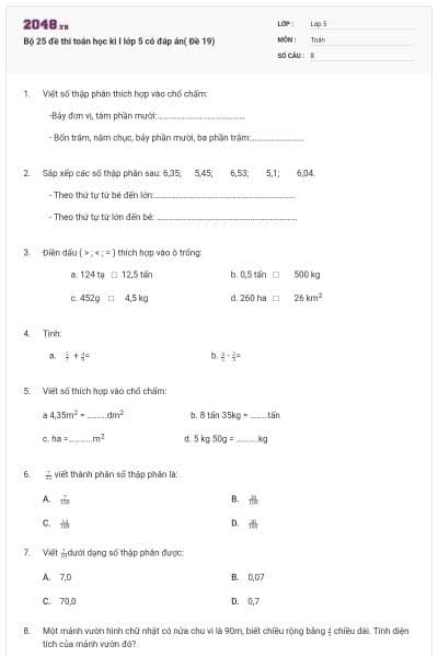 Bộ 25 đề thi toán học kì I lớp 5 có đáp án( Đề 19)