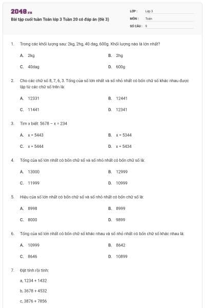 Bài tập cuối tuần Toán lớp 3 Tuần 20 có đáp án (Đề 3)