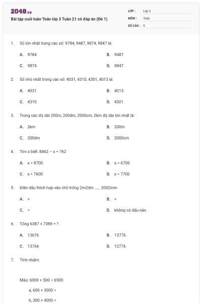 Bài tập cuối tuần Toán lớp 3 Tuần 21 có đáp án (Đề 1)