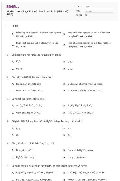 Đề kiểm tra cuối học kì 1 môn Hoá 9 có đáp án (Mới nhất) (Đề 3)