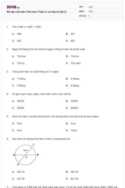 Bài tập cuối tuần Toán lớp 3 Tuần 21 có đáp án (Đề 2)