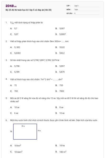 Bộ 25 đề thi toán học kì I lớp 5 có đáp án( Đề 20)