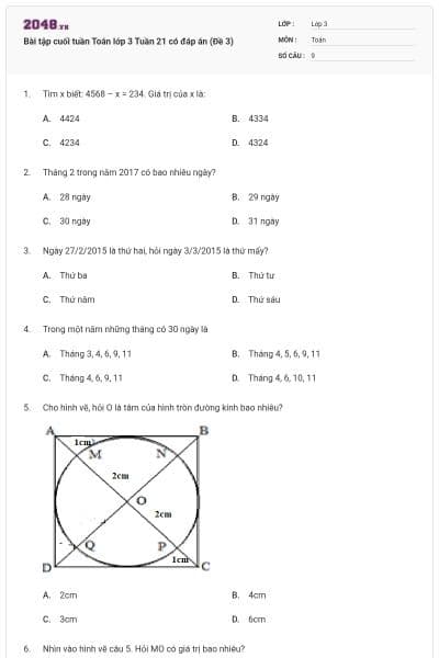Bài tập cuối tuần Toán lớp 3 Tuần 21 có đáp án (Đề 3)