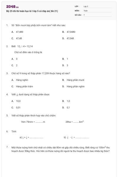 Bộ 25 đề thi toán học kì I lớp 5 có đáp án( Đề 21)