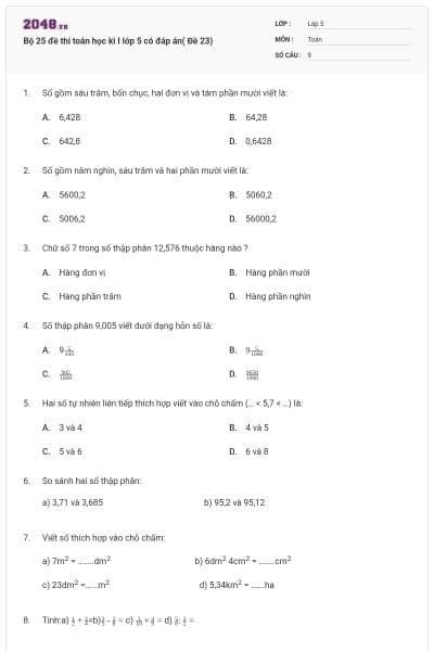 Bộ 25 đề thi toán học kì I lớp 5 có đáp án( Đề 23)