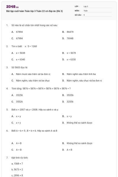Bài tập cuối tuần Toán lớp 3 Tuần 22 có đáp án (Đề 3)