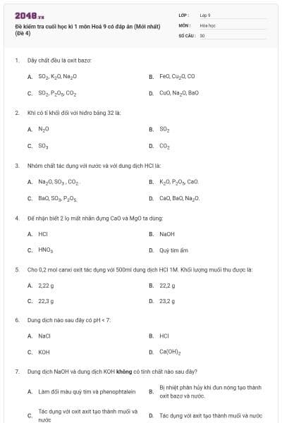 Đề kiểm tra cuối học kì 1 môn Hoá 9 có đáp án (Mới nhất) (Đề 4)