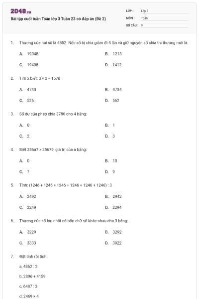 Bài tập cuối tuần Toán lớp 3 Tuần 23 có đáp án (Đề 2)