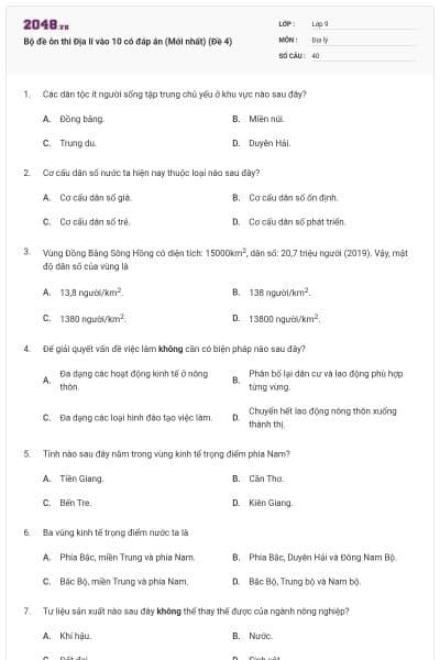 Bộ đề ôn thi Địa lí vào 10 có đáp án (Mới nhất) (Đề 4)