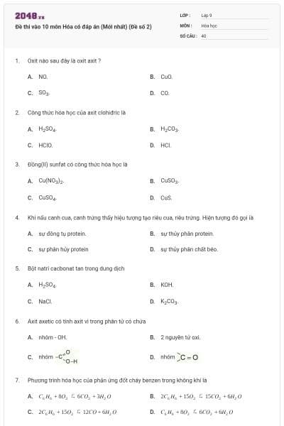 Đề thi vào 10 môn Hóa có đáp án (Mới nhất) (Đề số 2)