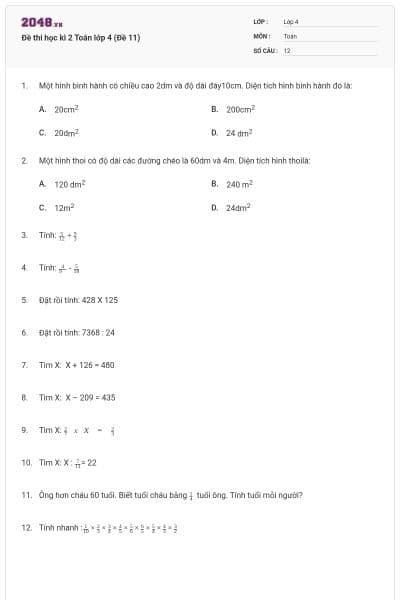 Đề thi học kì 2 Toán lớp 4 (Đề 11)