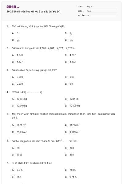 Bộ 25 đề thi toán học kì I lớp 5 có đáp án( Đề 24)