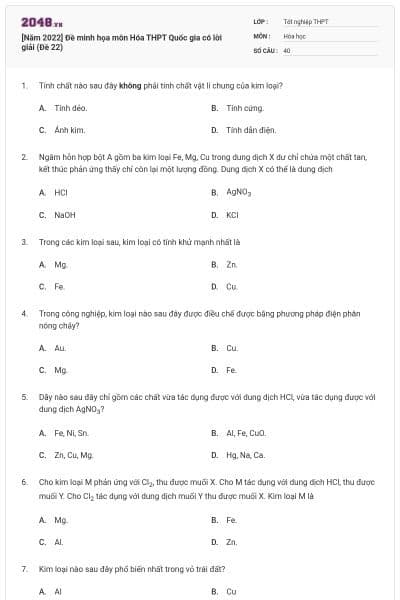 [Năm 2022] Đề minh họa môn Hóa THPT Quốc gia có lời giải (Đề 22)