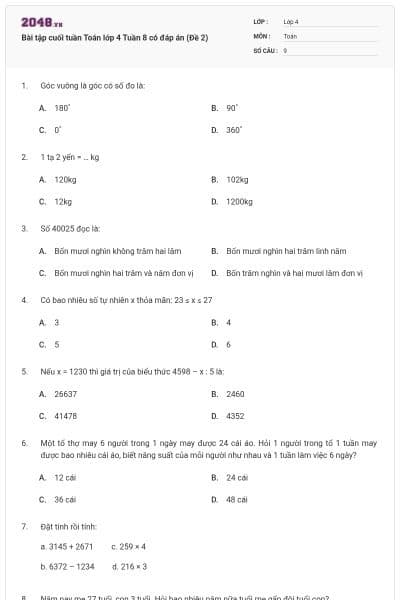 Bài tập cuối tuần Toán lớp 4 Tuần 8 có đáp án (Đề 2)