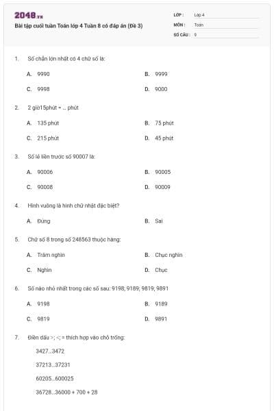 Bài tập cuối tuần Toán lớp 4 Tuần 8 có đáp án (Đề 3)