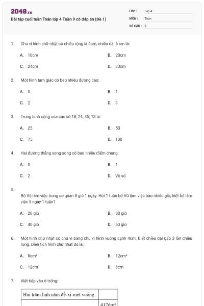 Bài tập cuối tuần Toán lớp 4 Tuần 9 có đáp án (Đề 1)