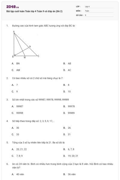 Bài tập cuối tuần Toán lớp 4 Tuần 9 có đáp án (Đề 2)