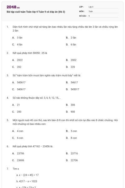 Bài tập cuối tuần Toán lớp 4 Tuần 9 có đáp án (Đề 3)