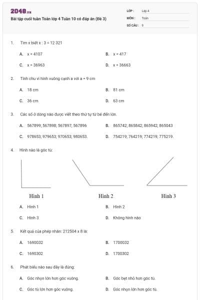 Bài tập cuối tuần Toán lớp 4 Tuần 10 có đáp án (Đề 3)