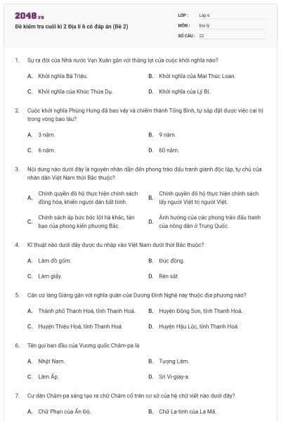 Đề kiểm tra cuối kì 2 Địa lí 6 có đáp án (Đề 2)