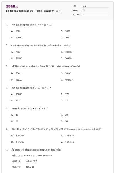 Bài tập cuối tuần Toán lớp 4 Tuần 11 có đáp án (Đề 1)