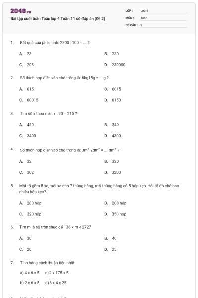 Bài tập cuối tuần Toán lớp 4 Tuần 11 có đáp án (Đề 2)