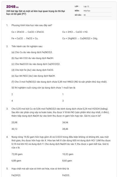 265 bài tập Sắt và một số kim loại quan trọng ôn thi Đại học có lời giải (P7)