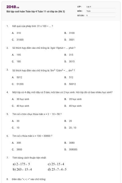 Bài tập cuối tuần Toán lớp 4 Tuần 11 có đáp án (Đề 3)