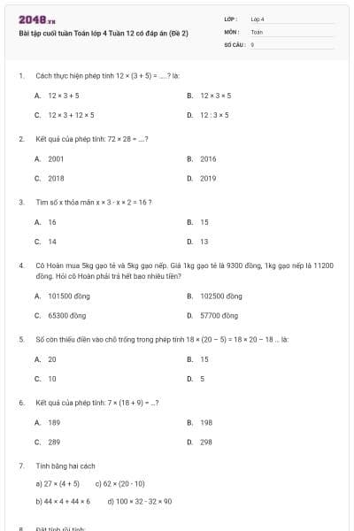 Bài tập cuối tuần Toán lớp 4 Tuần 12 có đáp án (Đề 2)