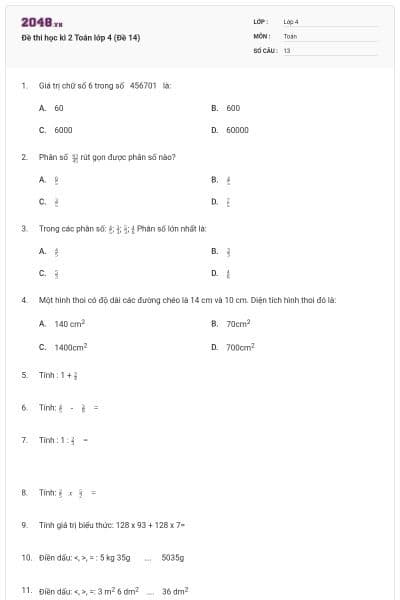 Đề thi học kì 2 Toán lớp 4 (Đề 14)