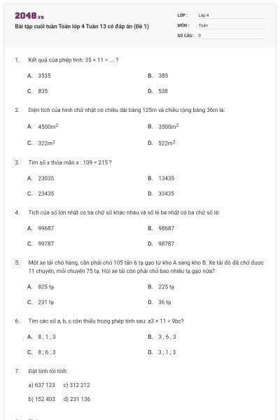 Bài tập cuối tuần Toán lớp 4 Tuần 13 có đáp án (Đề 1)