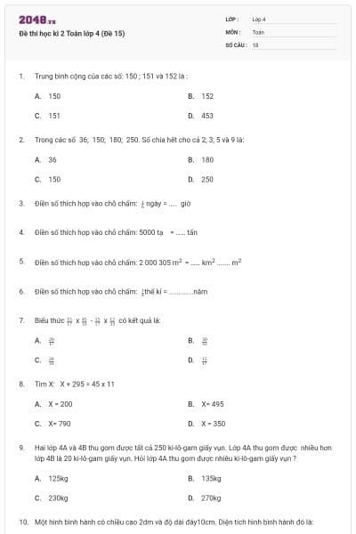 Đề thi học kì 2 Toán lớp 4 (Đề 15)