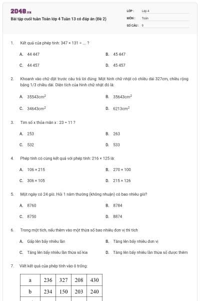 Bài tập cuối tuần Toán lớp 4 Tuần 13 có đáp án (Đề 2)